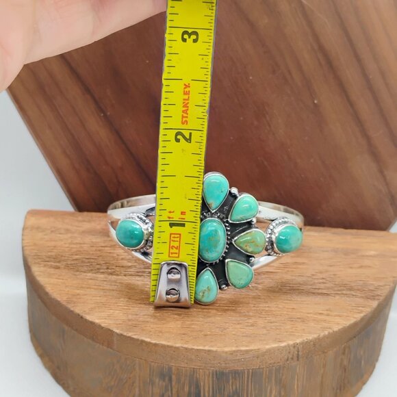 Southwest Sterling Silver Turquoise Medallion Cluster Cuff Bracelet Artisan - Picture 3 of 7